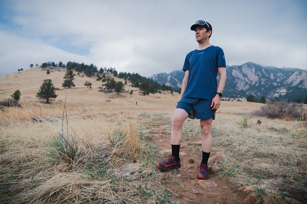 John on rocky Bear Peak trail — Prodigio 2 on technical Colorado terrain