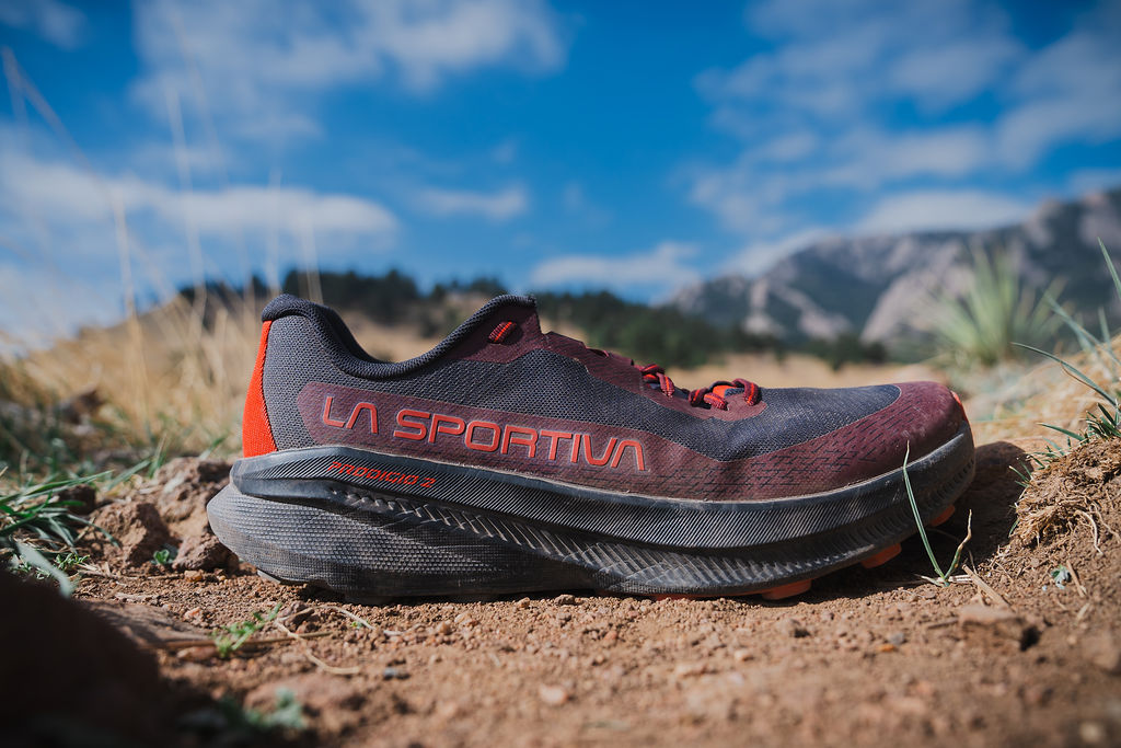 La Sportiva Prodigio 2 on Bear Peak trail — shoe on dirt with Boulder backdrop