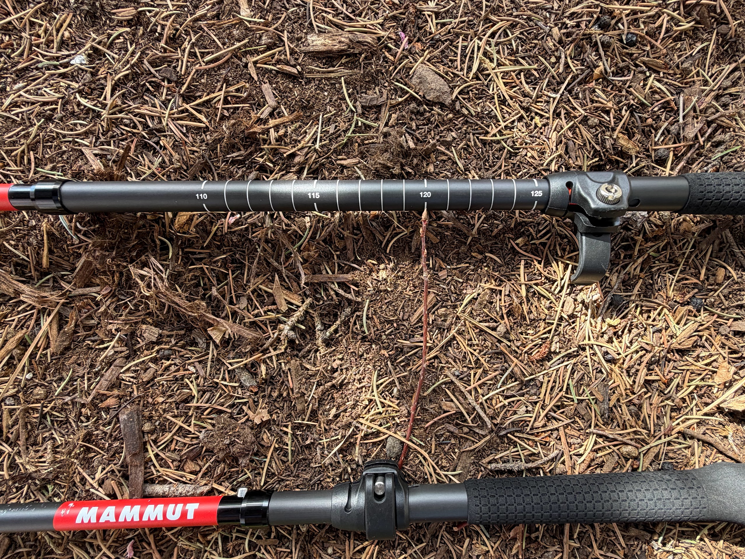 Mammut poles on West Ridge descent — stiffness under hard load